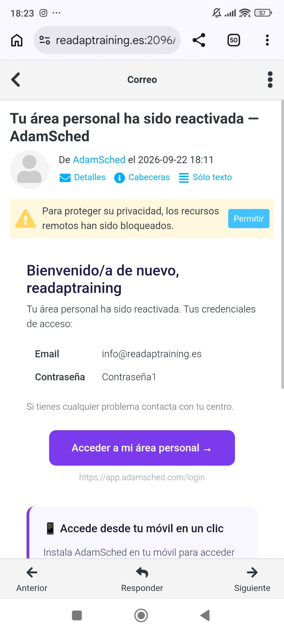 Pantalla de inicio de sesión de AdamSched