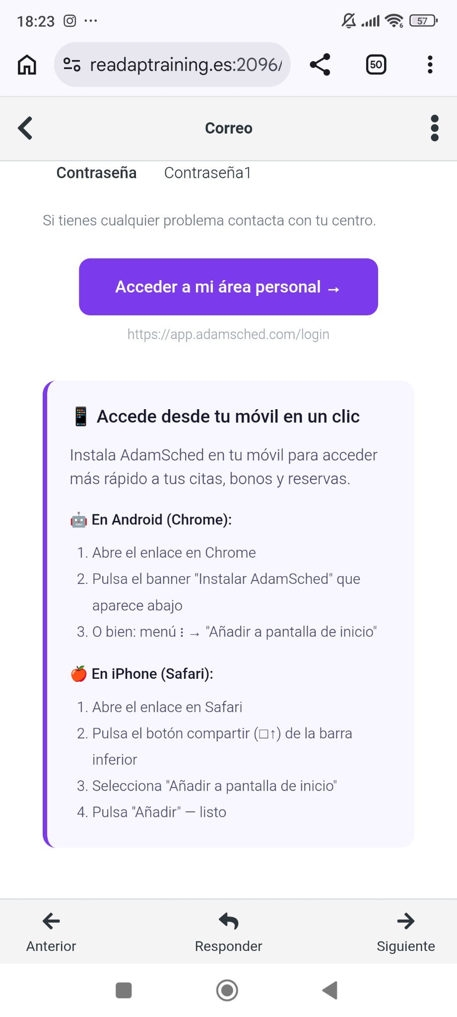 Instrucciones del correo para crear un acceso directo