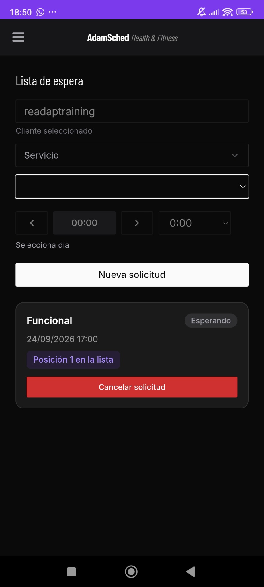 Pantalla de lista de espera de AdamSched